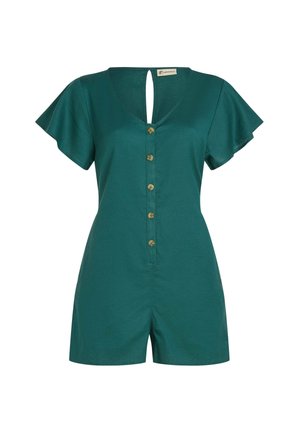 Roheline linane kombekas lühikeste triibuliste varrukatega, V-kaelusega, avausega seljal ja kuue esikinnisnupuga. Sile tekstuur, vaba istuvus.