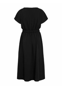 Black dress with a relaxed fit, short sleeves, and an elastic waistband. Smooth fabric, ankle-length, simple design, no patterns or embellishments.