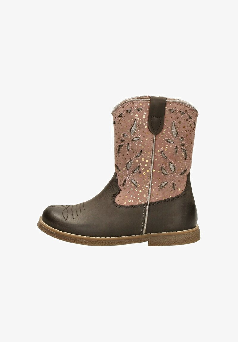 Brown leather ankle boot featuring a pink decorative panel with cut-out leaf patterns and metallic accents, finished with a textured sole.