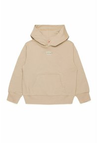 Felpa con cappuccio beige realizzata in morbido tessuto, dotata di una tasca frontale, polsini a coste e un piccolo logo metallico sul petto.