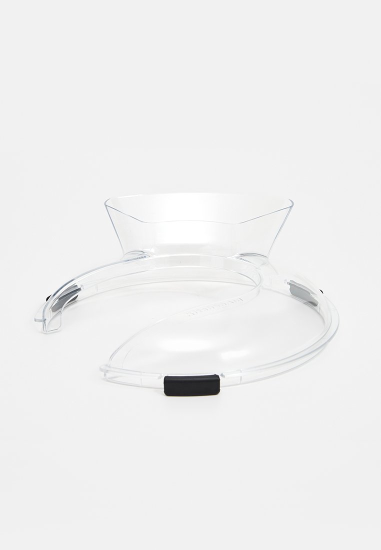 Transparante beschermende gezichtsschild met ronde randen, flexibele heldere riemen en zwarte rubberen accenten voor een veilige pasvorm. Lichtgewicht ontwerp.