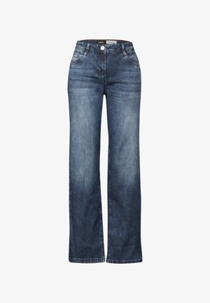 Jean large à rayures bleu foncé avec taille haute, doté de poches avant, d'un bouton et d'une fermeture éclair, fabriqué en denim.