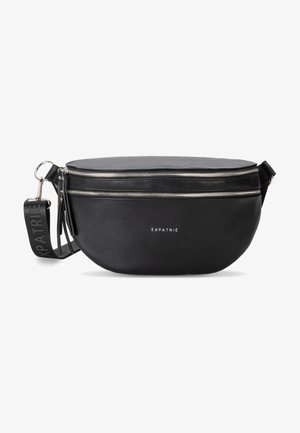Black leather crossbody bag with two zippered compartments, flat oval shape, adjustable strap, and embossed logo on the front.