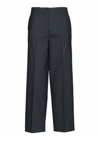 Pantaloni a vita alta e gamba larga in tessuto grigio scuro. Presentano una chiusura con bottone e due tasche anteriori. Tessuto liscio con pieghe stirate.