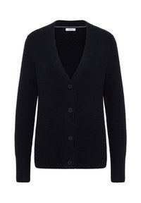 Marineblau gestrickte Strickjacke mit V-Ausschnitt, sechs Knöpfen auf der Vorderseite und Rippstruktur. Mit langen Ärmeln und lässigem Schnitt.
