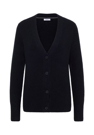 Marineblauwe gebreide cardigan met een V-hals, zes knopen aan de voorkant en geribbelde textuur. Heeft lange mouwen en een relaxte pasvorm.