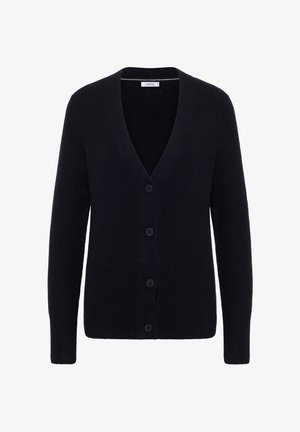 Laivastonsininen neulottu neuletakki, jossa on V-pääntie, edessä kuusi nappia ja ribattu pinta. Ominaisuuksiin kuuluvat pitkät hihat ja rento istuvuus.