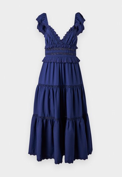 Navy blue dress with a deep V-neck, ruffled sleeves, and tiered skirt. Features lace trim and a fitted bodice with frill accents.
