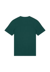 Donkergroene katoenen T-shirt met een klassieke ronde hals en korte mouwen. Gladde textuur zonder extra patronen of accenten.