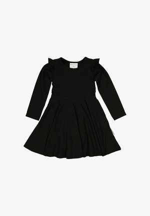 Musta pitkähihainen mekko pehmeästä kankaasta. Varustettu rypyttyneillä olkaimilla ja leveällä helmalla. Lappu alareunassa.