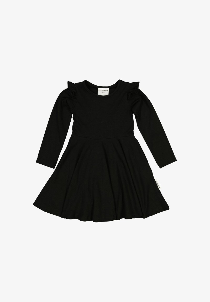 Musta pitkähihainen mekko pehmeästä kankaasta. Varustettu rypyttyneillä olkaimilla ja leveällä helmalla. Lappu alareunassa.