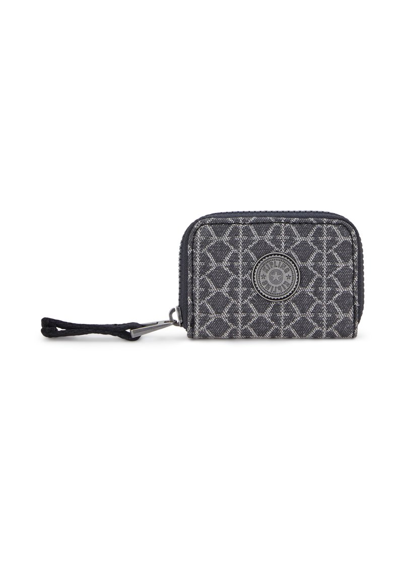 Portafoglio compatto in tessuto grigio con motivo geometrico, chiusura con zip e un moschettone da polso. Presenta un accento con logo rotondo sul davanti.