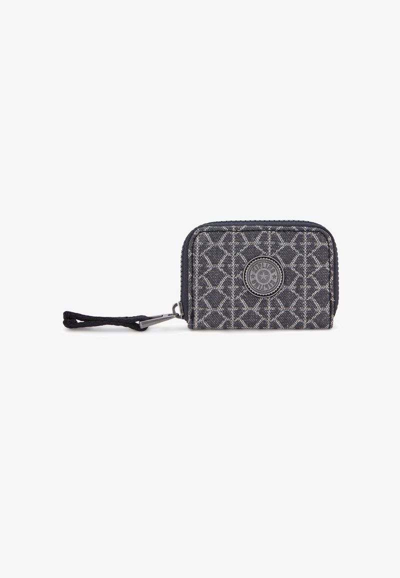 Compact wallet in grey fabric with geometric pattern, zip closure, and a wrist strap. Features a round logo accent on the front.