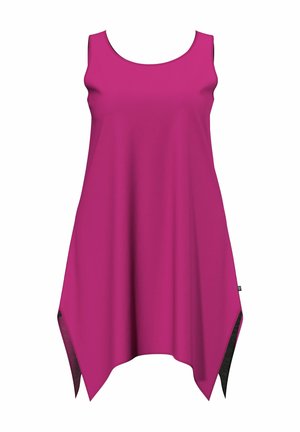 Tunika magenta senza maniche con ampio scollo a barchetta e orlo asimmetrico a punta, mostrata su uno sfondo bianco.