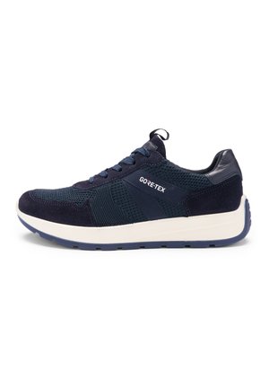 Navy blue GORE-TEX sneaker with mesh and suede upper, white midsole, textured rubber outsole, and lace-up closure.
