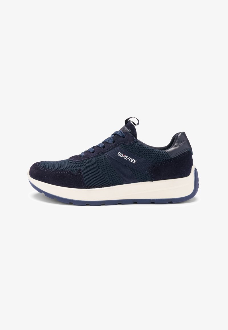 Navy blue GORE-TEX sneaker with mesh and suede upper, white midsole, textured rubber outsole, and lace-up closure.