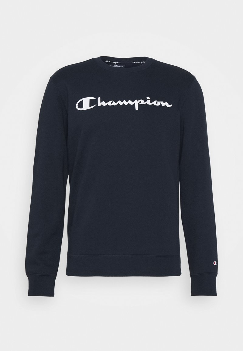Sweat-shirt noir à manches longues avec logo blanc "Champion" centré sur la poitrine et petit logo sur le bord de la manche gauche.