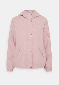 Rosa lättviktsjacka med huva, tryckknappsstängning, två sidofickor, elastiska manschetter och en jämn, matt yta.