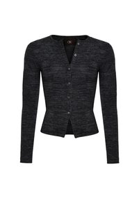 Cardigan lungo grigio scuro a maniche lunghe realizzato in tessuto testurizzato, con scollo a V, quattro bottoni centrali e vita aderente con orlo svasato.