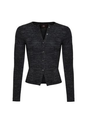 Mörkgrå långärmad cardigan i texturerad tyg, med V-ringning, fyra centrala knappar och en figursydd midja med en utsvängd fåll.