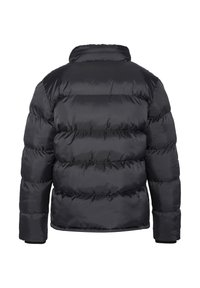 Giacca a vento nera con design trapuntato, caratterizzata da un colletto alto e maniche lunghe. Il materiale sembra liscio con un aspetto leggero e isolato.