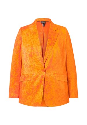 Heldere oranje blazer met een luipaardprint, voorzien van een enkele knoopsluiting, notch-kraag en twee frontzakken. Glad textuur.