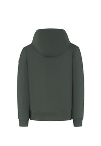 Olijfgroene hoodie met een aansluitende capuchon, geribbelde manchetten en zoom. Glad textuur, eenvoudig ontwerp, geen zichtbare hardware of patronen.