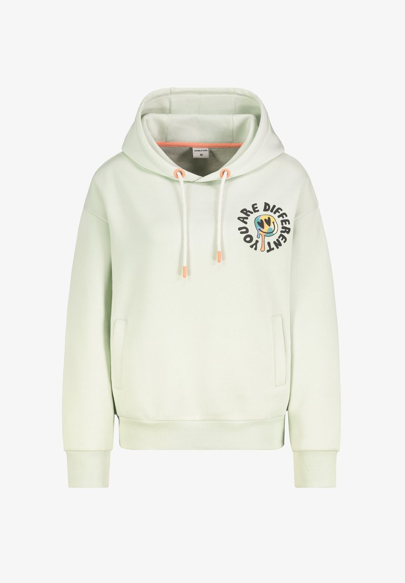 Mintgrüner Hoodie aus weichem Material, mit einer Kängurutasche, gerippten Bündchen und einem farbenfrohen "You Are Different" Grafik.