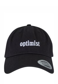 Căciulă din bumbac negru cu visieră curbată, având cuvântul "optimist" brodat în alb pe față. Curea ajustabilă la spate.