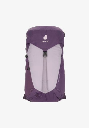 Lila und hellgrauer Rucksack für Wanderungen mit zylindrischem Oberteil, verstellbaren Trägern, Seitentaschen und einem vorderen Bungee-Seil für zusätzlichen Stauraum.