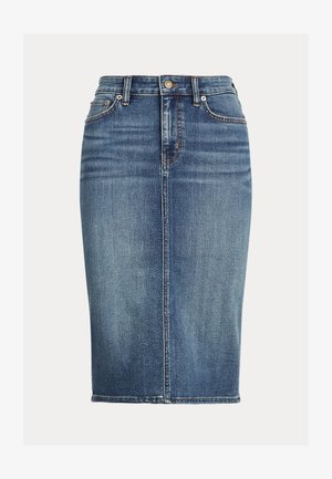 Dżinsowa spódnica midi w średnim odcieniu niebieskiego, o prostym kroju, z kieszeniami z przodu i z tyłu oraz subtelnym przetarciem na tkaninie, dodającym tekstury.
