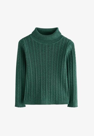 Pull vert foncé en maille torsadée avec manches longues et col montant côtelé, présenté de face sur un fond blanc.