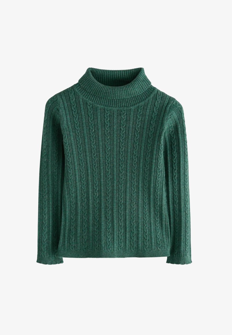 Pull vert foncé en maille torsadée avec manches longues et col montant côtelé, présenté de face sur un fond blanc.