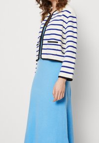 Randig kort jacka i krämfärg och blått, med en svart dragkedja och fickdetaljer. Matchas med en ljusblå kjol.