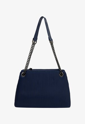Blue ribbed handbag with a zip closure, chain strap, and eyelets. Features a structured shape and textured surface.
