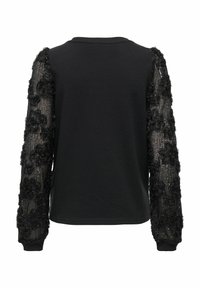 Mustmust, millel on pikad varrukad, tekstuuriga lillekonstruktsioon ja sillapits, ühtlane selg ja soonikkoes varrukaotsad.