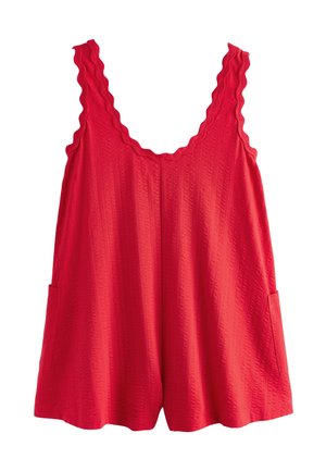 Roter ärmelloser Jumpsuit mit gewellten Kanten an den Trägern und am Halsausschnitt, strukturierter Stoff und zwei seitliche Taschen.