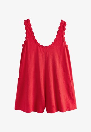 Punane varrukateta kombekas, millel on sangadel ja dekolteel lainelised servad, tekstuuriga kangas ja kaks küljetaskut.