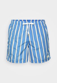 Blue swim shorts with vertical yellow stripes, elastic waistband, white drawstring, and side logo patch, made of smooth, lightweight fabric.
