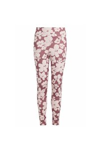 Floral leggings in maroon featuring large white flower patterns. Made from stretchy material with a fitted design and a solid waistband.