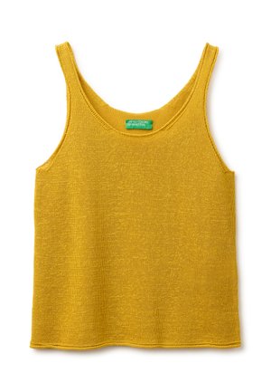 Żółty dziergany top bez rękawów z okrągłym dekoltem i zieloną metką „United Colors of Benetton” umieszczoną centralnie wewnątrz tyłu.