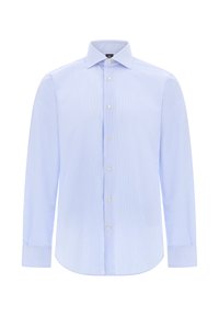 Lichtblauw gestreept shirt met lange mouwen, button-down kraag, knoopsluiting aan de voorkant en enkele manchetten. Katoenen stof met een gladde textuur.