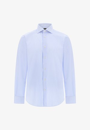 Světle modrá pruhovaná košile s dlouhými rukávy, košilovým límcem, předními knoflíky a jedním manžetou. Bavlněná tkanina s hladkým povrchem.