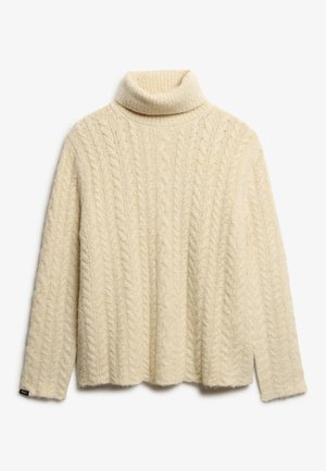 Crème-kleurige coltrui gemaakt van textuurgarens met een kabelpatroon. Heeft lange mouwen en een comfortabele pasvorm.
