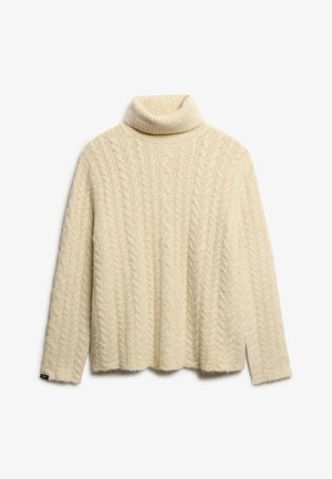 Cremefarvet turtleneck sweater lavet af struktureret garn med et kabelstrikket mønster. Har lange ærmer og en afslappet pasform.