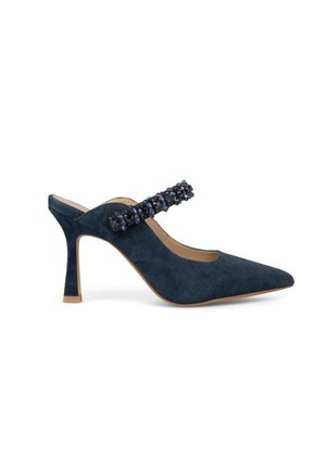 Scarpa slingback in suede blu navy con punta affusolata, dotata di un cinturino gioiello sul piede e tacco a blocco di 7,5 cm.