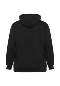Sweat-shirt à capuche noir vu de dos, avec des manches longues et des poignets et ourlet côtelés, sur un fond blanc.