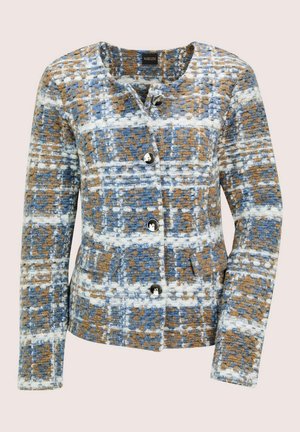Langarm bruin, blauw en witte geblokte jas met een ronde halslijn en vier zilveren knopen vooraan.