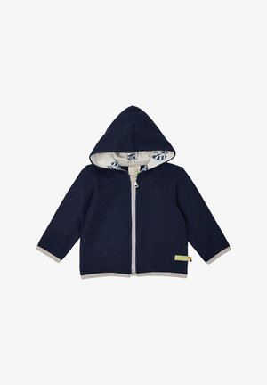 Marineblaues Kapuzenshirt mit Frontreißverschluss, grauen Akzenten an den Ärmeln und dem Saum sowie einer gemusterten Innenauskleidung. Aus weichem Stoff hergestellt.