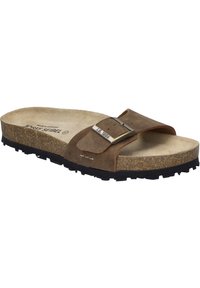 Brown suede slide sandal with a single strap and metal buckle. Cork footbed on a textured black rubber sole, featuring reinforced stitching.